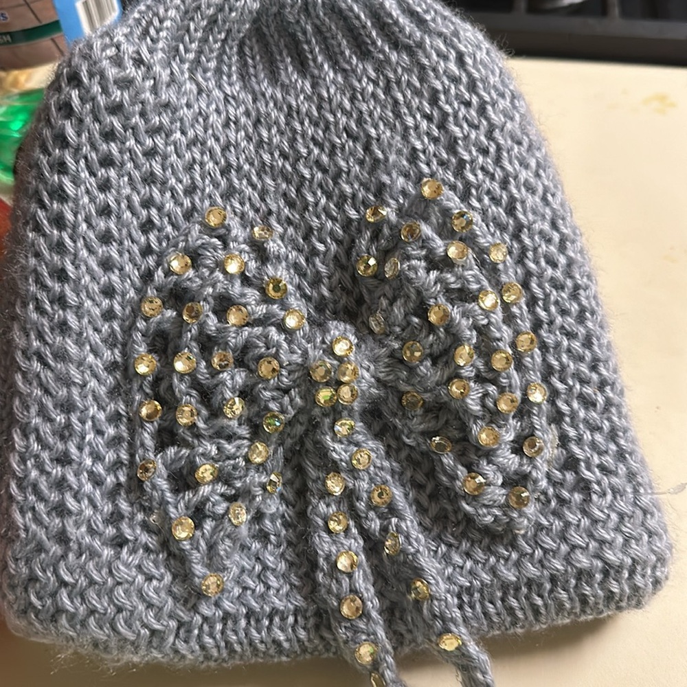 Blue beanie hat with bow rhinestones